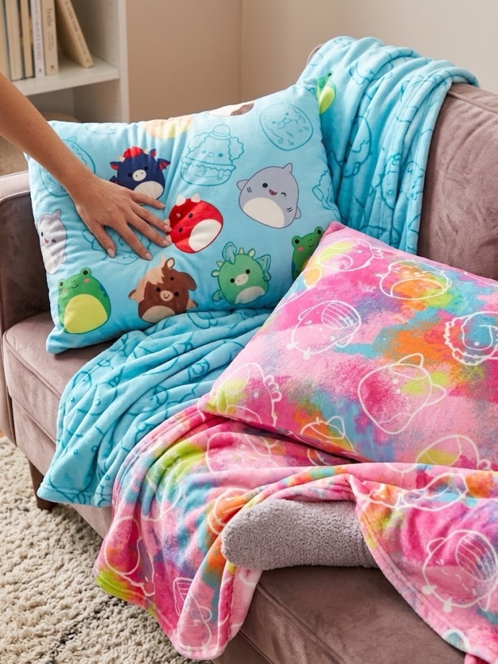 Plush Character Throw Pillow and Blanket Set - Blue & Pink